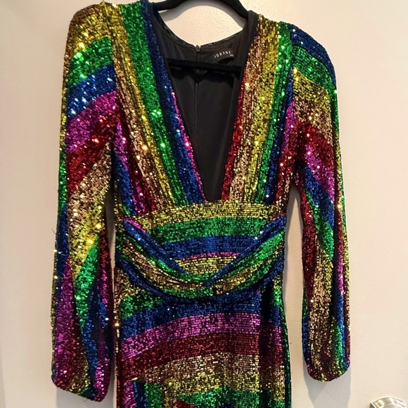 long sleeve multicolor sequin dress Handmade Short Dress In Rainbow Color 8mm Sequins with Long Sleeves
